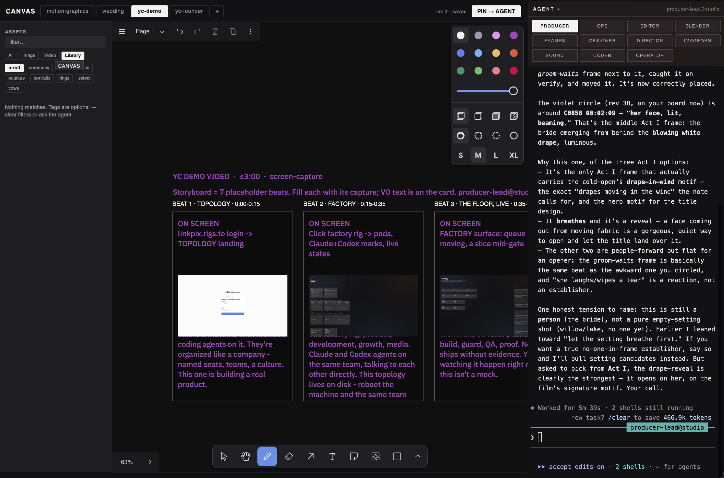 A populated Canvas storyboard with a media card, asset rail, board tabs, and the dark tldraw editor