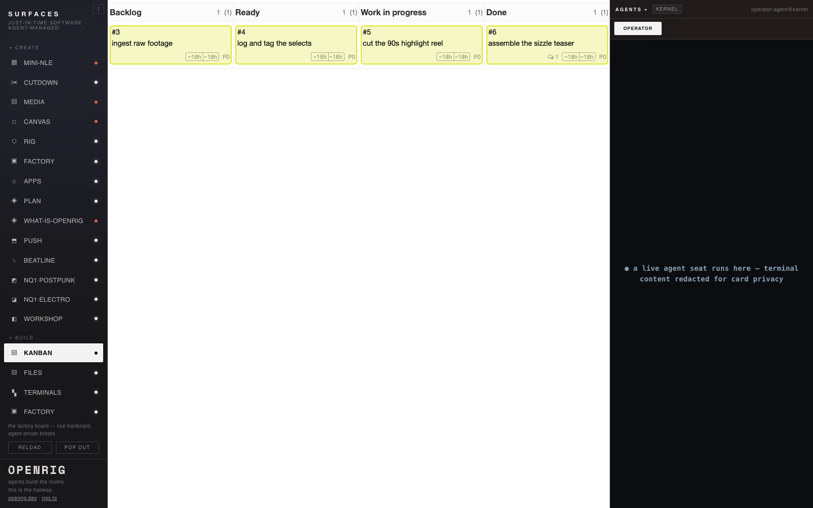 The Kanban Factory board (open-source Kanboard) running as a live surface inside the studio-box app shell with the agent sidebar (a live operator seat; terminal content redacted for card privacy). Agent-run tickets move across the columns: Backlog (ingest raw footage), Ready (log and tag the selects), Work in progress (cut the 90s highlight reel), and Done (assemble the sizzle teaser)