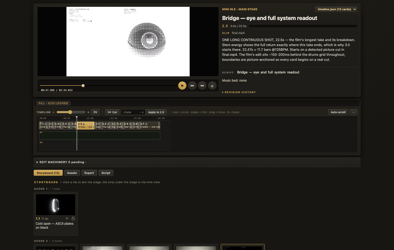 The Mini-NLE editing cockpit (brass machined skin): a video stage with transport, a multi-card timeline with A1/A2 tracks and the cut-health strip, and a storyboard of scenes below