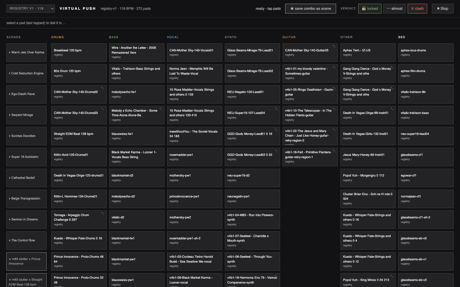 A dark Virtual Push pad grid (registry-v1, 118 BPM, 272 pads): a Scenes column and role columns — Drums, Bass, Vocal, Synth, Guitar, Other, Bed — each pad a clip from a real music library, with a verdict bar reading locked / almost / clash and a save-combo-as-scene control