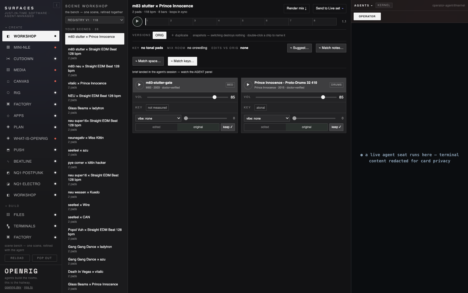 The Scene Workshop bench inside the studio-box app shell with the agent sidebar (a live operator seat; terminal content redacted for card privacy). One scene — m83 stutter x Prince Innocence — is open with two doctor-verified pad channels (volume, key, vibe, edited/original/keep), VERSIONS / KEY / MIX health, a 26-scene library, and Suggest / Match keys / Match space actions; the status line reads brief landed in the agent's session — watch the AGENT panel